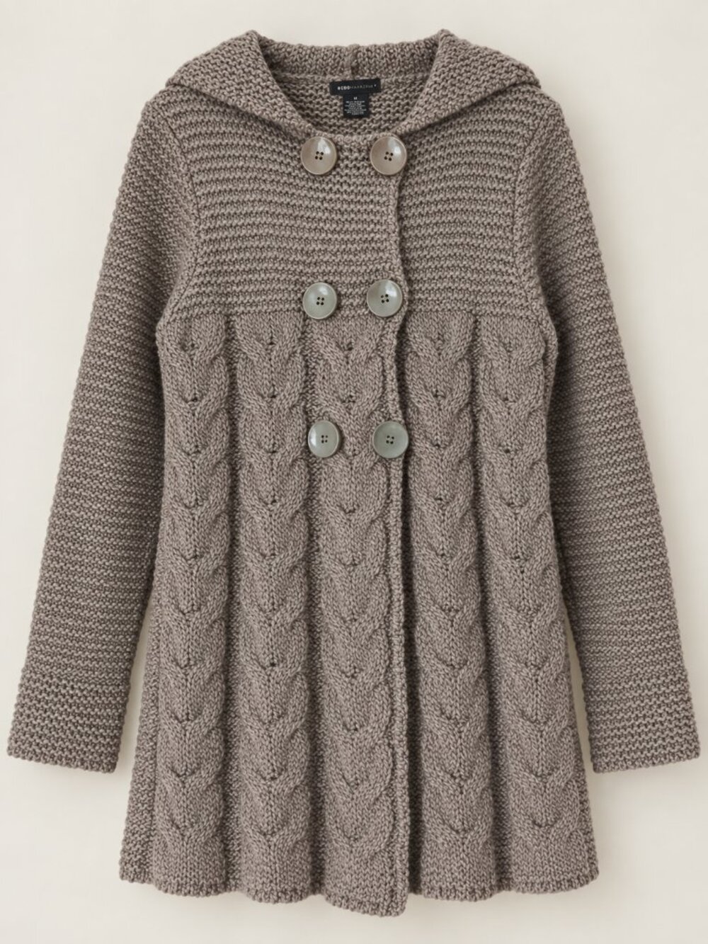 BCBGMaxAzria Taupe Cable Knit Hooded Sweater Coat Fitted Sleeve L